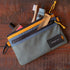 Gray toiletry bag with yellow zipper on a wooden surface, containing various travel items.
