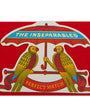 Decorative card with two parrots under an umbrella and 'The Inseparables' text on a red background.