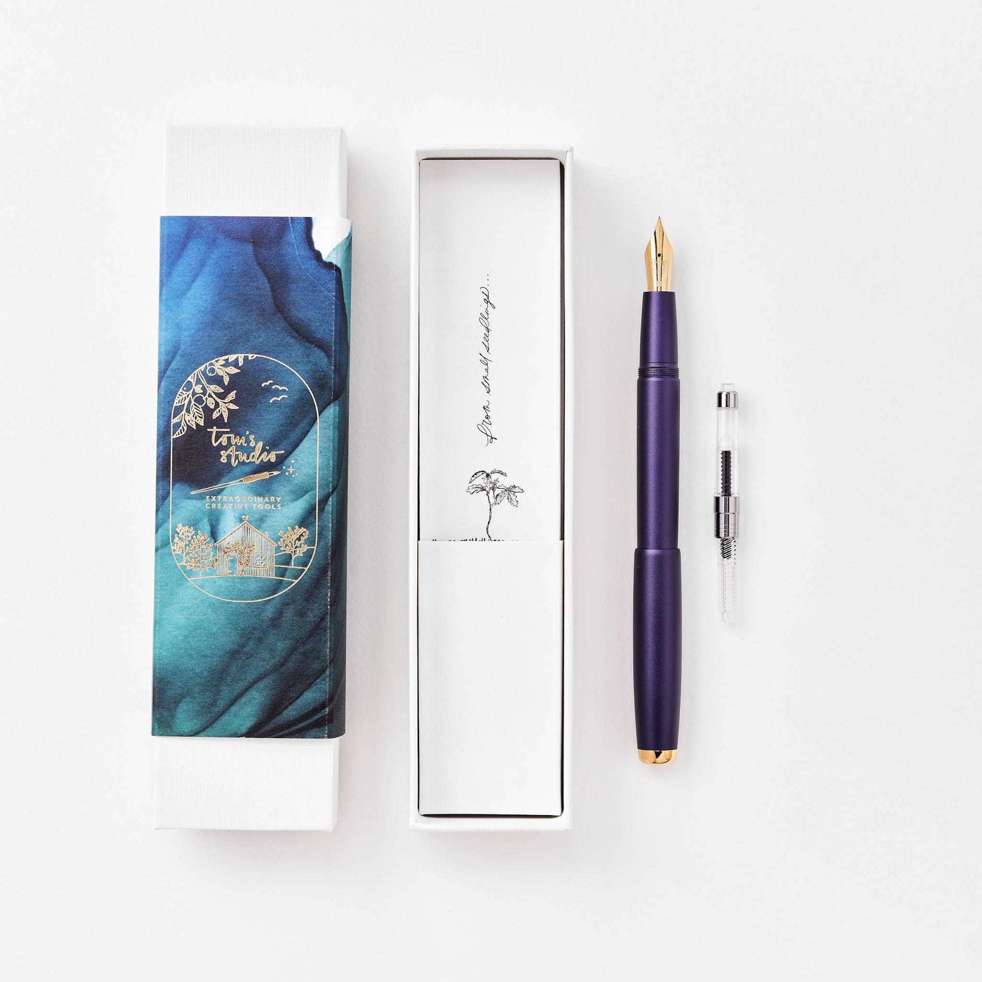 Iris fountain pen with packaging on a white background