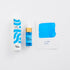 Blue ink bottle and packaging with a swatch on a white background