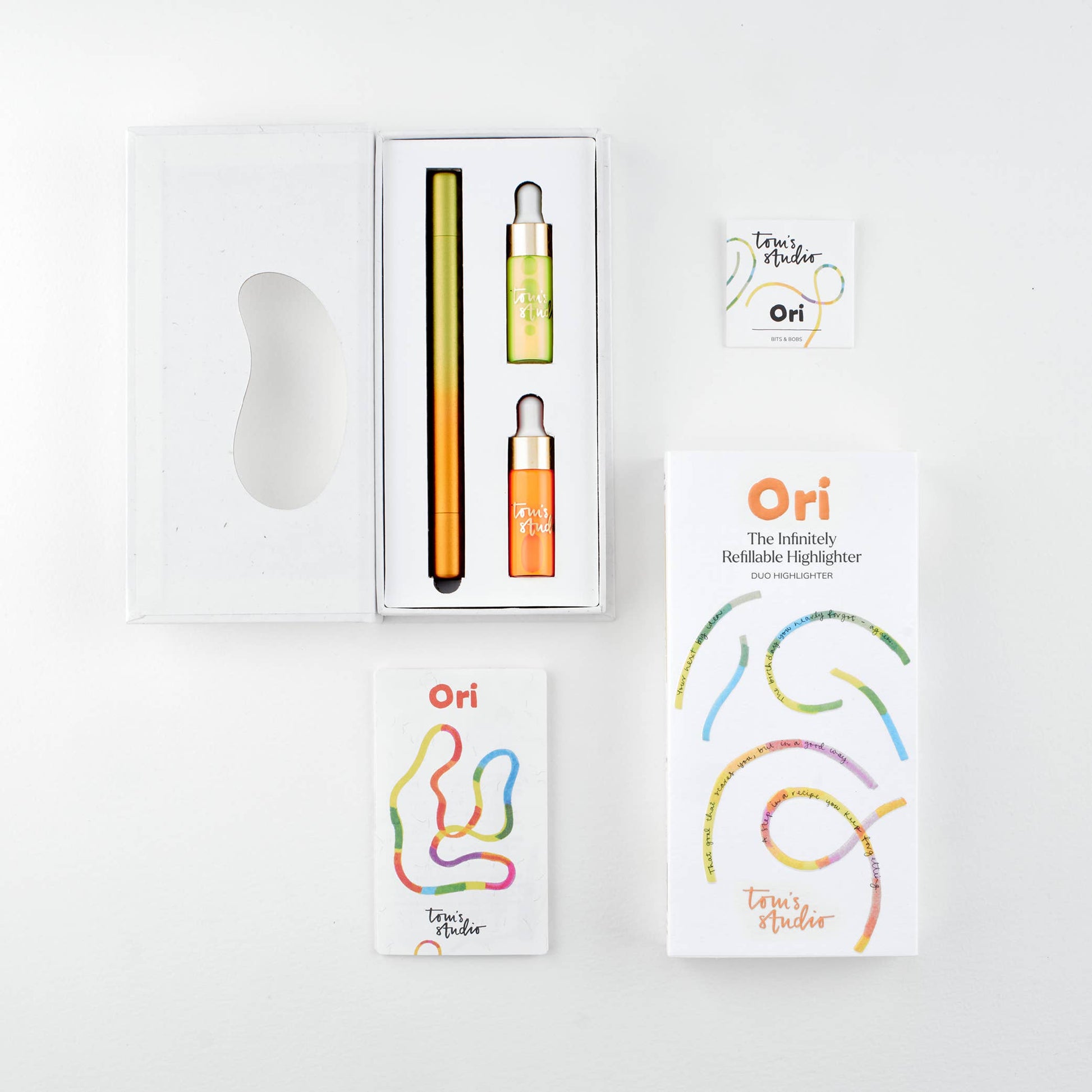 Ori highlighter set with packaging on a white background
