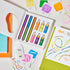 Colorful highlighter set with packaging and cards on a white background