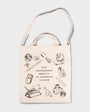 Tote bag with illustrations and text on a light gray background