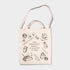 Tote bag with illustrations and text on a light gray background