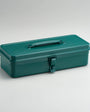 Green toolbox with a handle on a light gray background