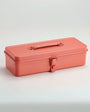 Coral-colored tool box on a light gray background