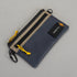 Blue pouch with yellow drawstring and black tag on a gray background