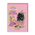 Card with a coluorful illustration of a girl painting, text 'Show Your True Colors', and rainbow design on a pink background.