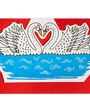 Card with a stylized illustration of two swans in a boat on a red background