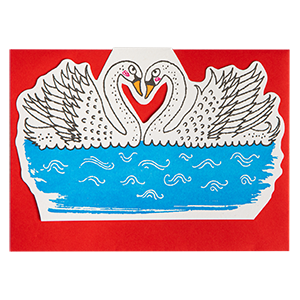Card with a stylized illustration of two swans in a boat on a red background