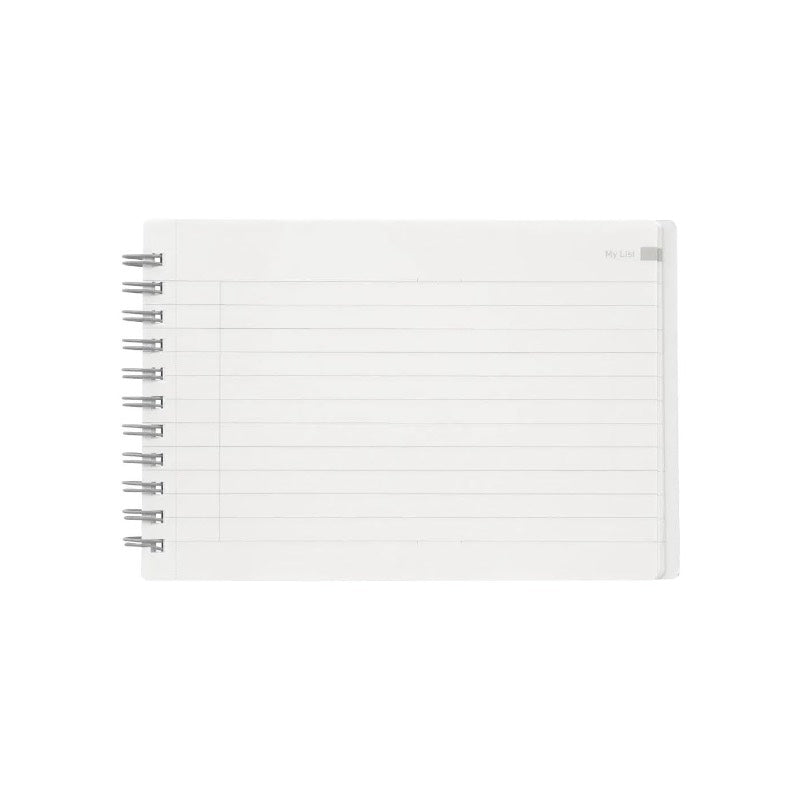 White notebook with a silver spiral binding on a white background