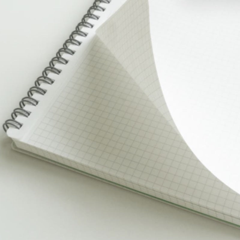 Open notebook with grid paper on a white background