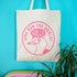 Tote bag with 'Who Run the World? Gulls' design on a blue background