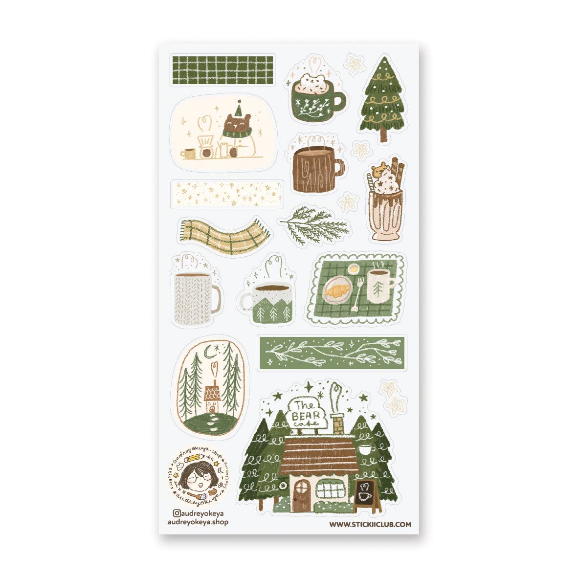 Sheet of decorative stickers with winter-themed illustrations on a white background