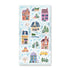 Sheet of winter-themed stickers with houses, cars, and trees on a blue background.