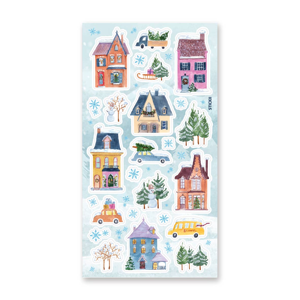 Sheet of winter-themed stickers with houses, cars, and trees on a blue background.