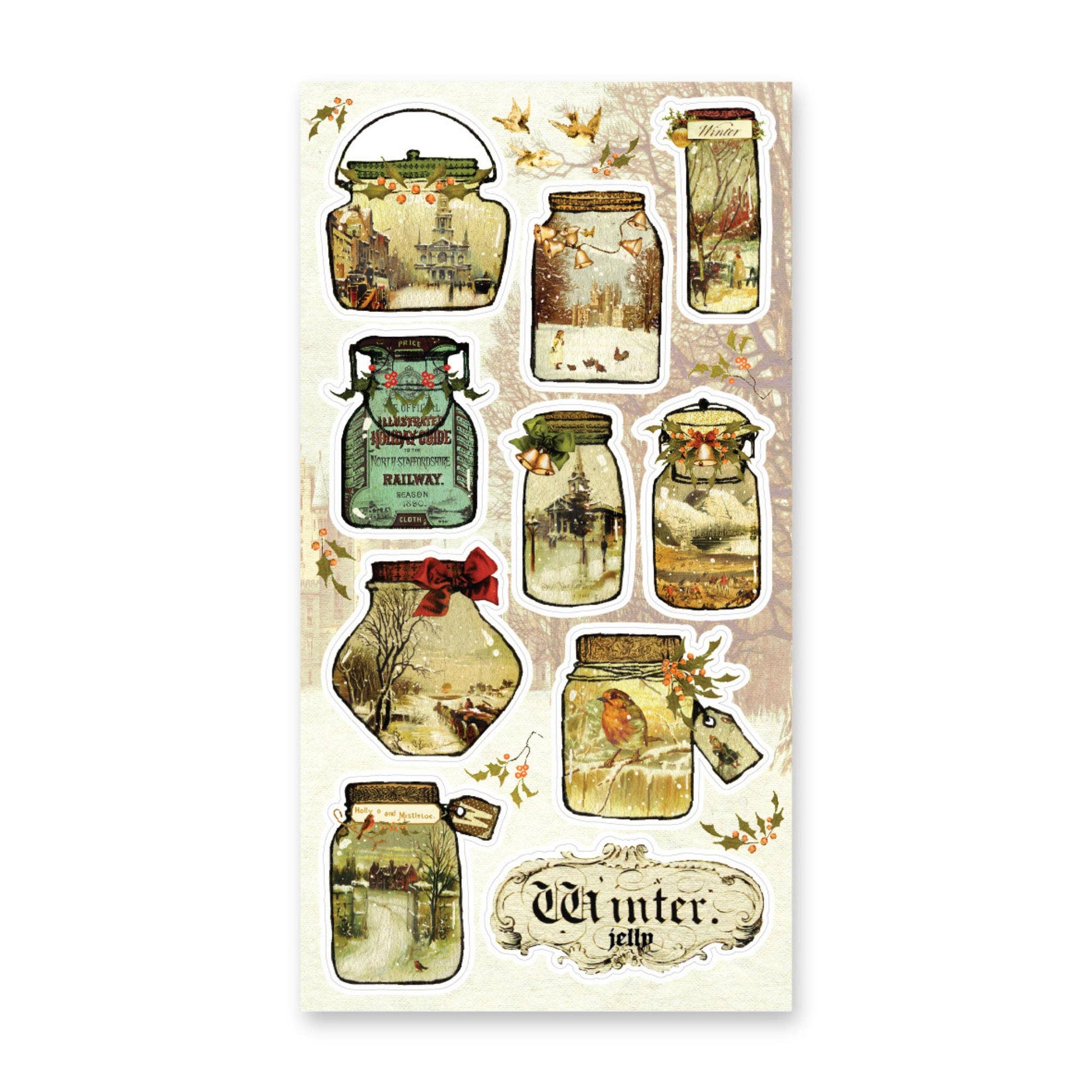 Decorative stickers with vintage-style jars and 'Winter jelly' text on a white background