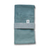 Teal fabric roll with a label on a white background