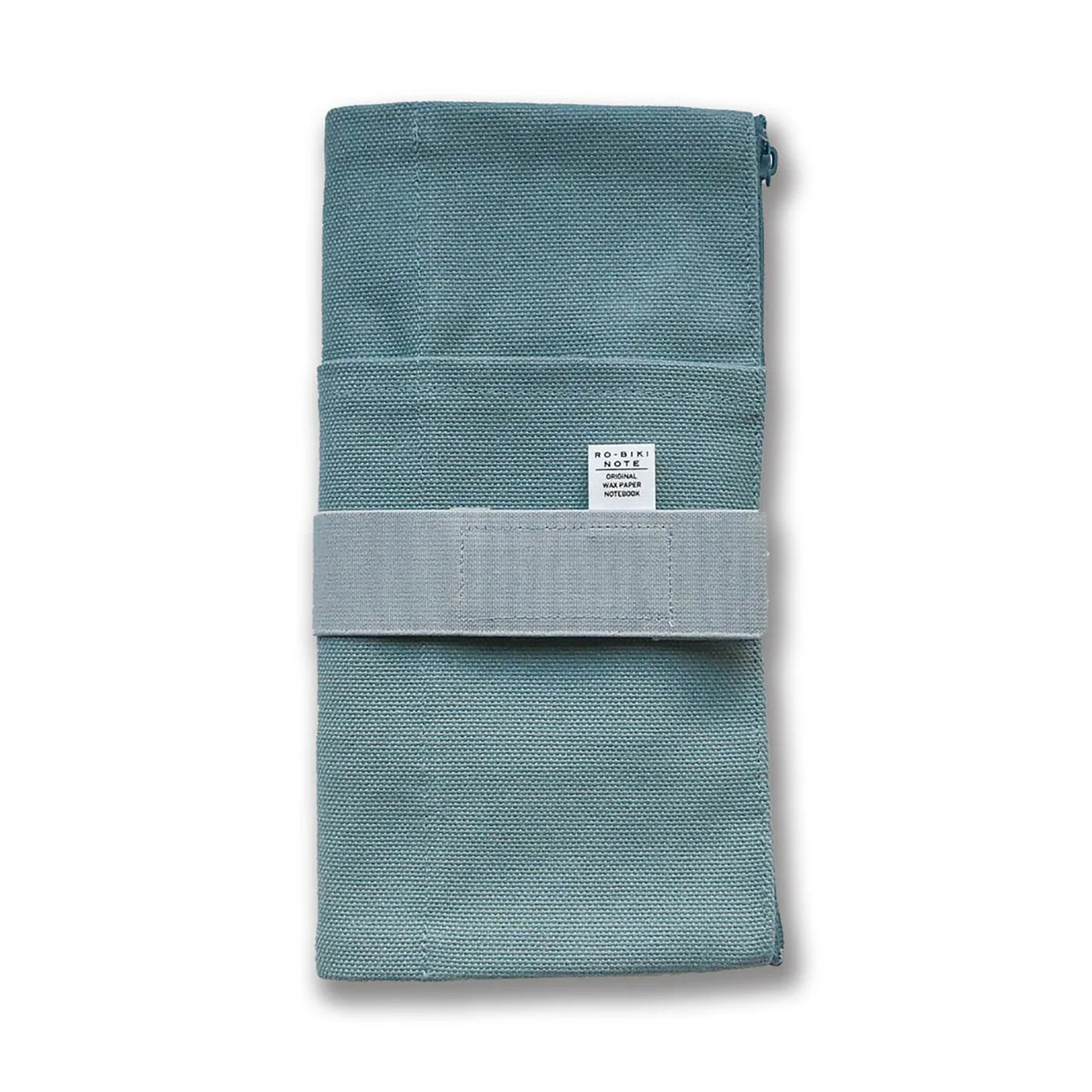 Teal fabric roll with a label on a white background