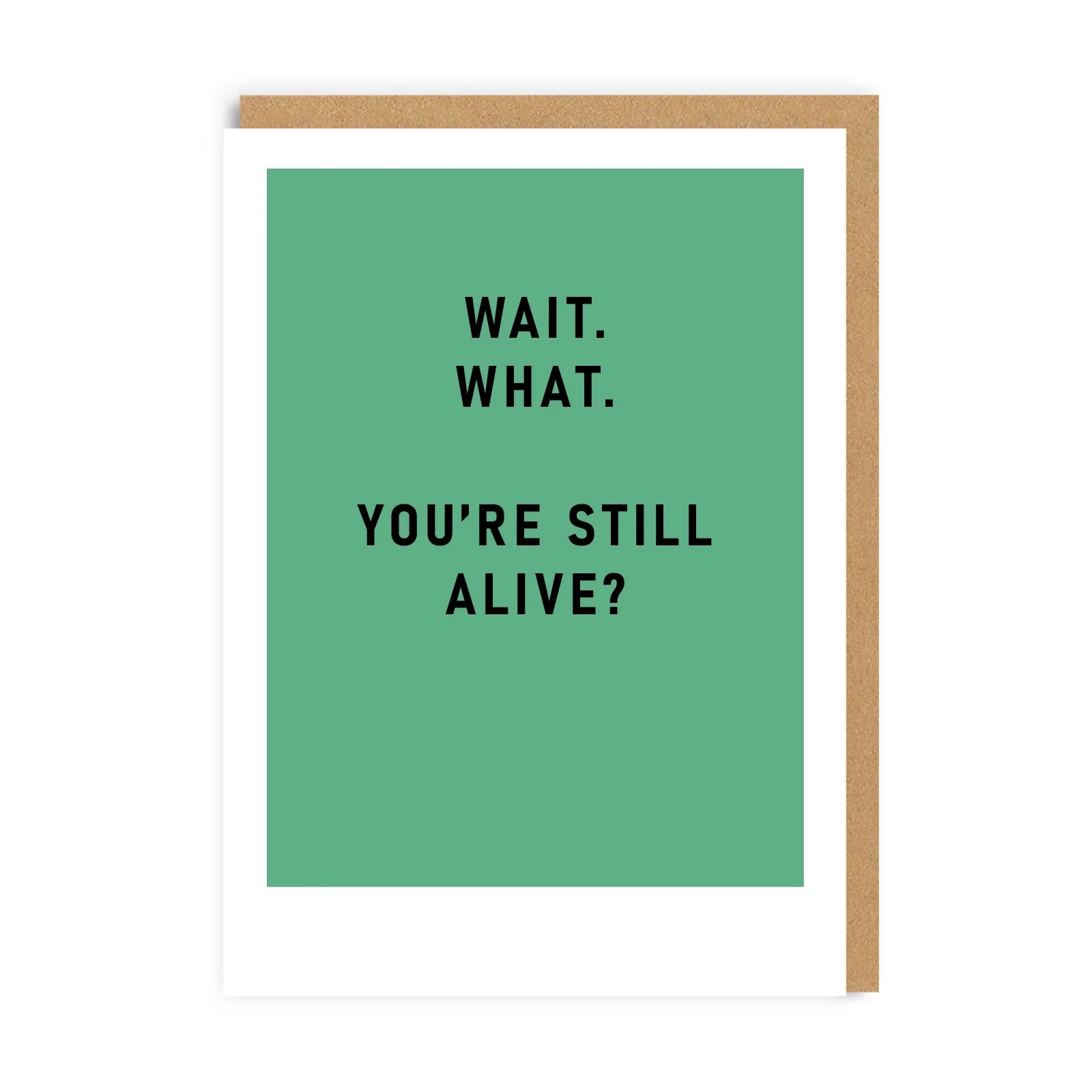 You're Still Alive? Greeting Card in black writing and on a green and white card.