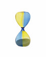Colorful hourglass with blue and yellow stripes on a white background