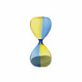 Colorful hourglass with blue and yellow stripes on a white background