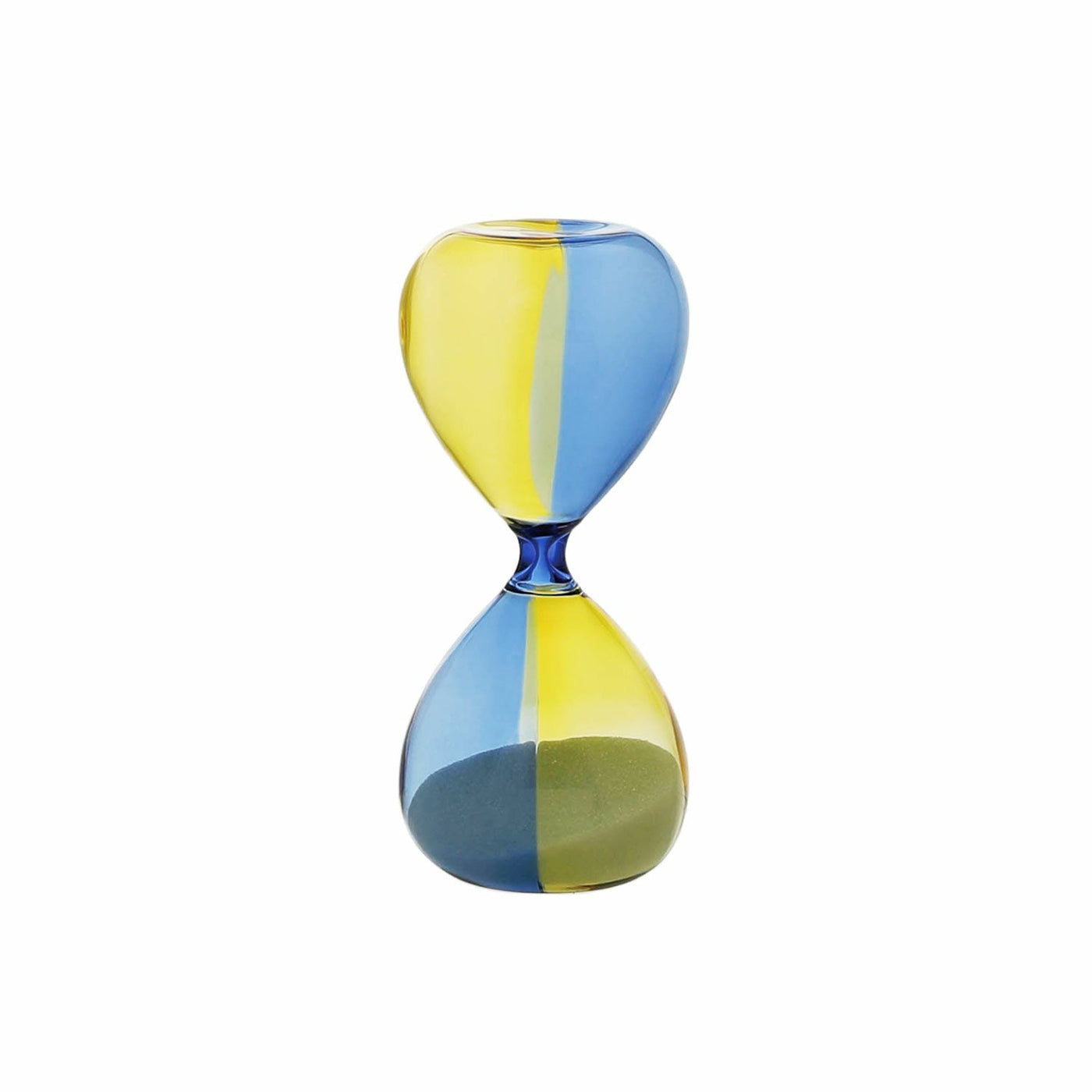 Colorful hourglass with blue and yellow stripes on a white background