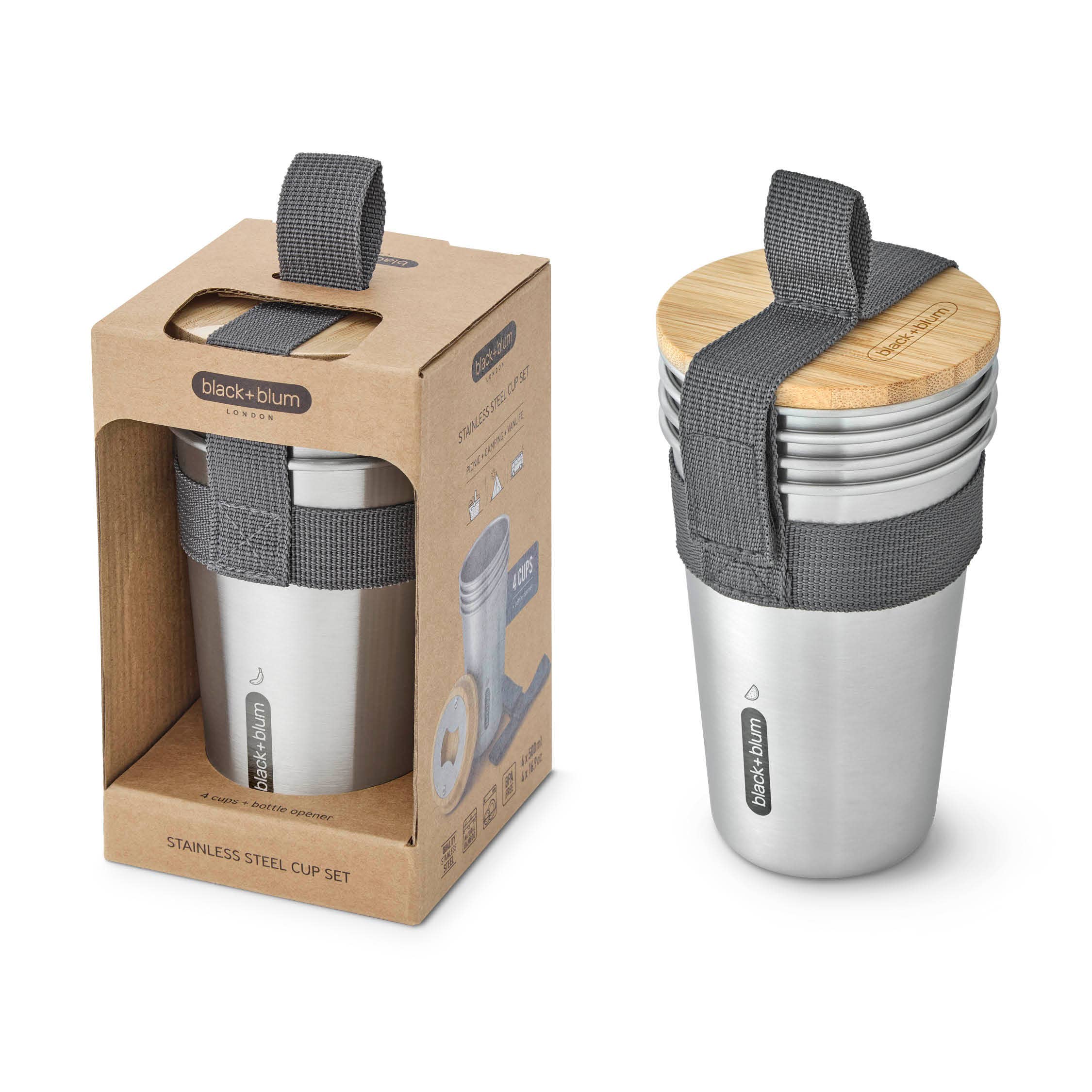 Cup Set - 4pc Stainless Steel Cup Set with Bamboo Lid