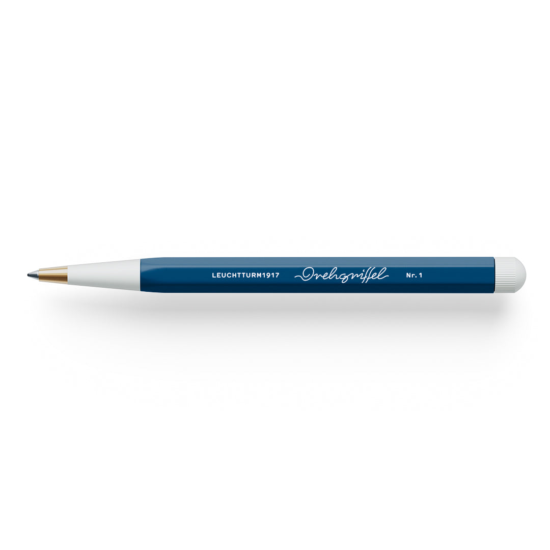Pen with blue barrel and white grip on a white background
