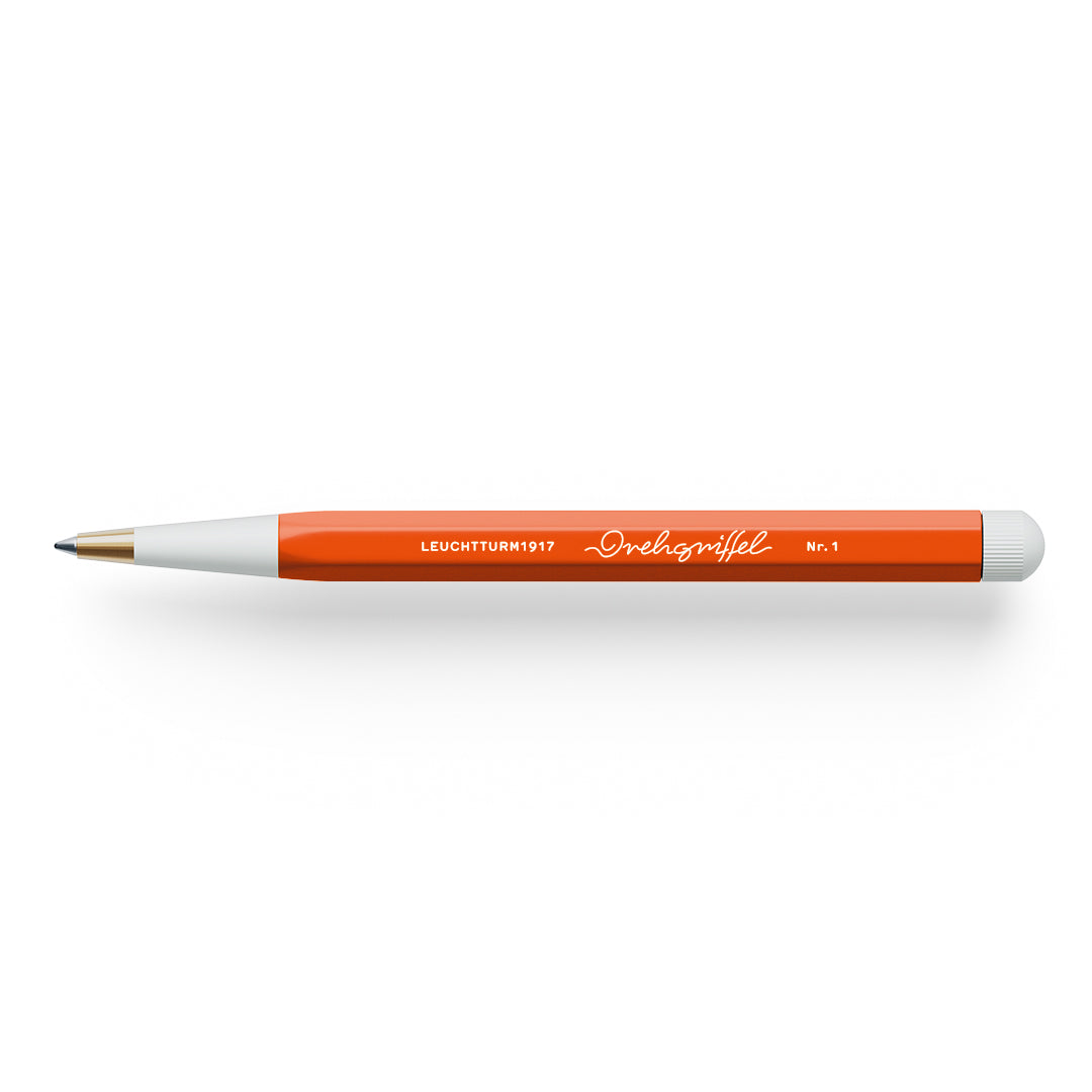 Pen with orange body and white accents on a white background