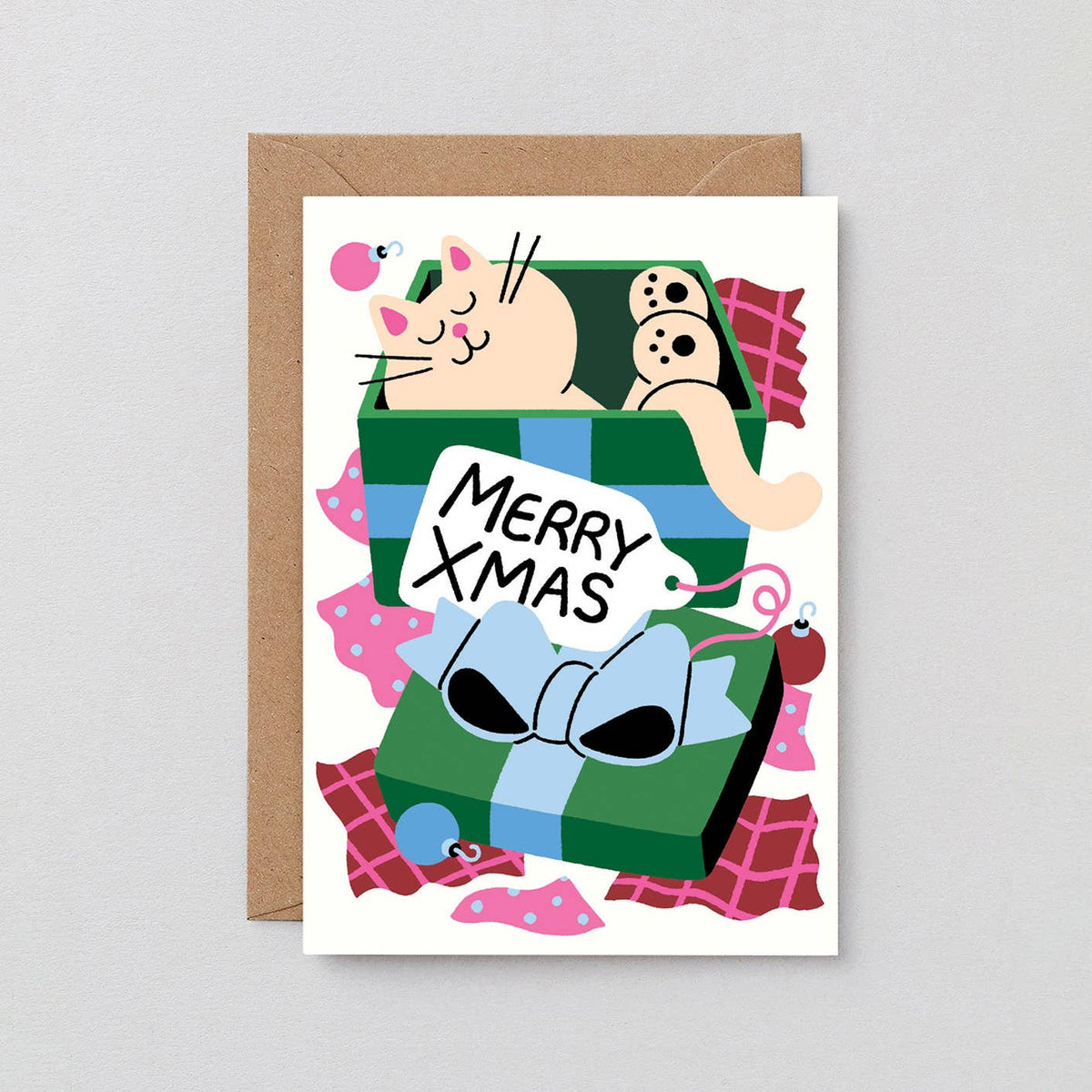 Merry Xmas Cat In A Present Embossed Holiday Greeting Card