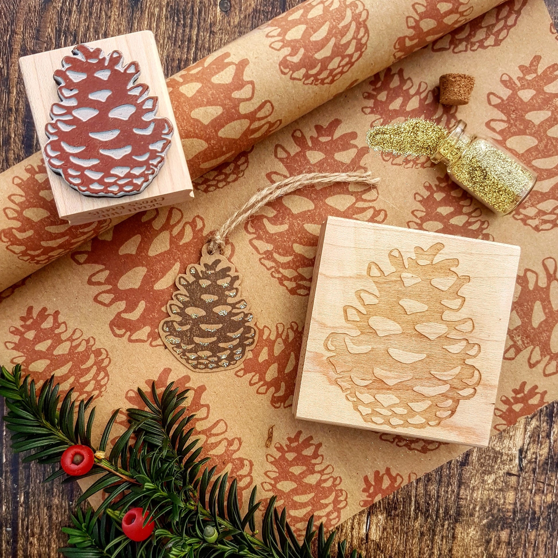 Christmas Pinecone Rubber Stamp for Christmas Craft and Wrap