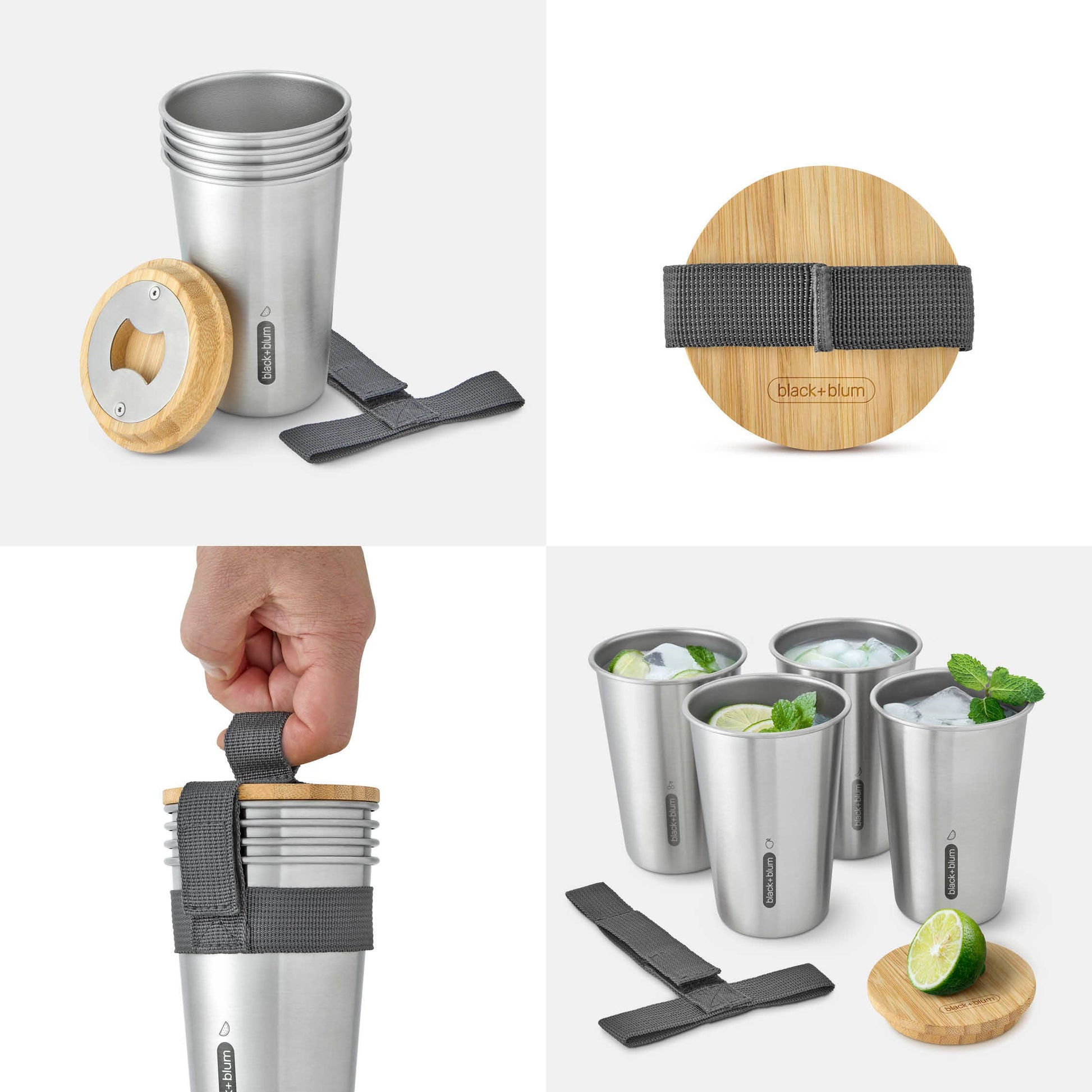 Cup Set - 4pc Stainless Steel Cup Set with Bamboo Lid