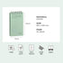 A mint green spiral-bound notebook shown on a light gray background with printed specifications: material paper, size 85 x 155 mm, 91 sheets, and additional icons for 180 days, 100 g, 9 mm line spacing, trimmable sheets, and foldable cover.