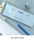 A spiral-bound planner pad in soft blue labeled 'FLOW' is shown on a light blue surface with other stationery items around it, including a white lined notepad, a blue pen, and washi tape. Text at the bottom reads 'O.