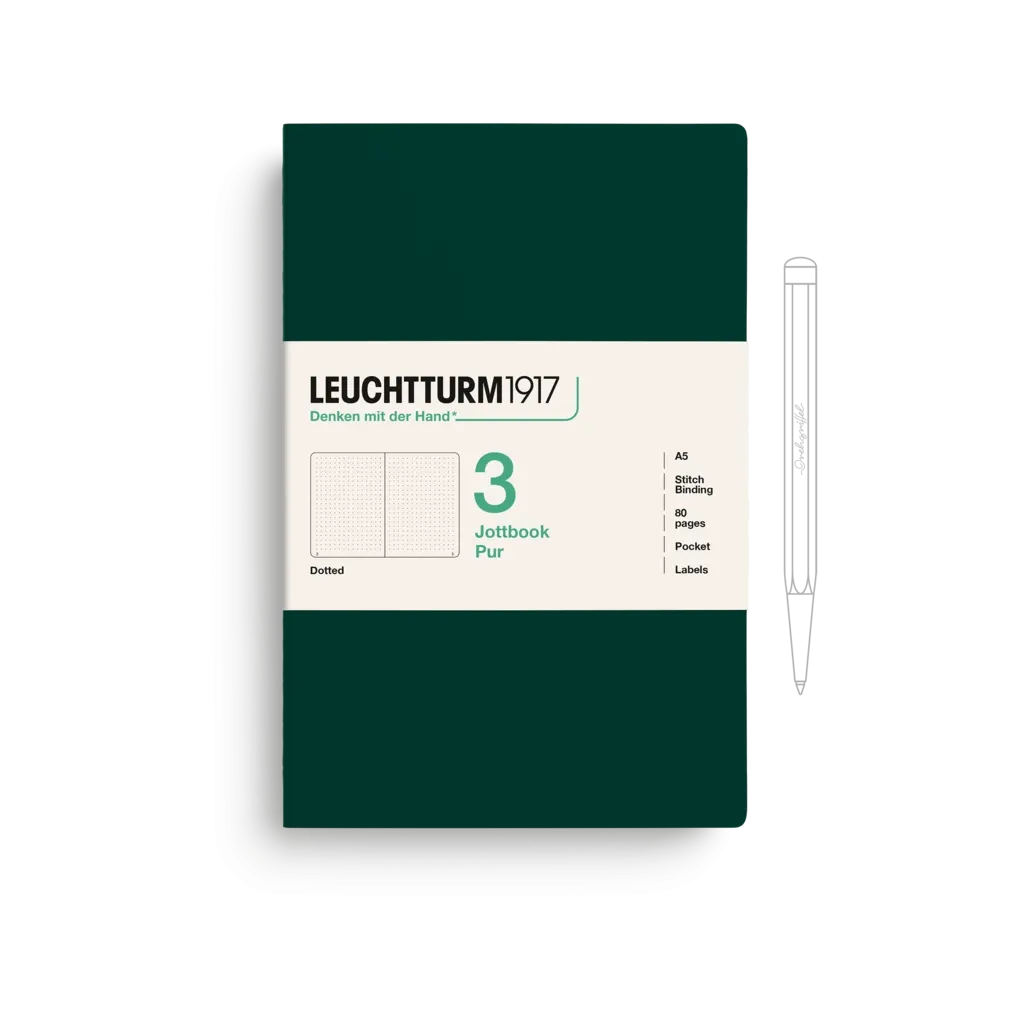 Green notebook with white pen on a white background, featuring Leuchtturm1917 branding.