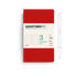 Red notebook with white label featuring Leuchtturm1917 branding and a pen on a white background