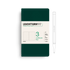 Green notebook with white label and pen on a white background