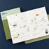 Open planner with geometric illustrations on a blue background