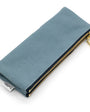 Blue wallet with gold zipper on a white background