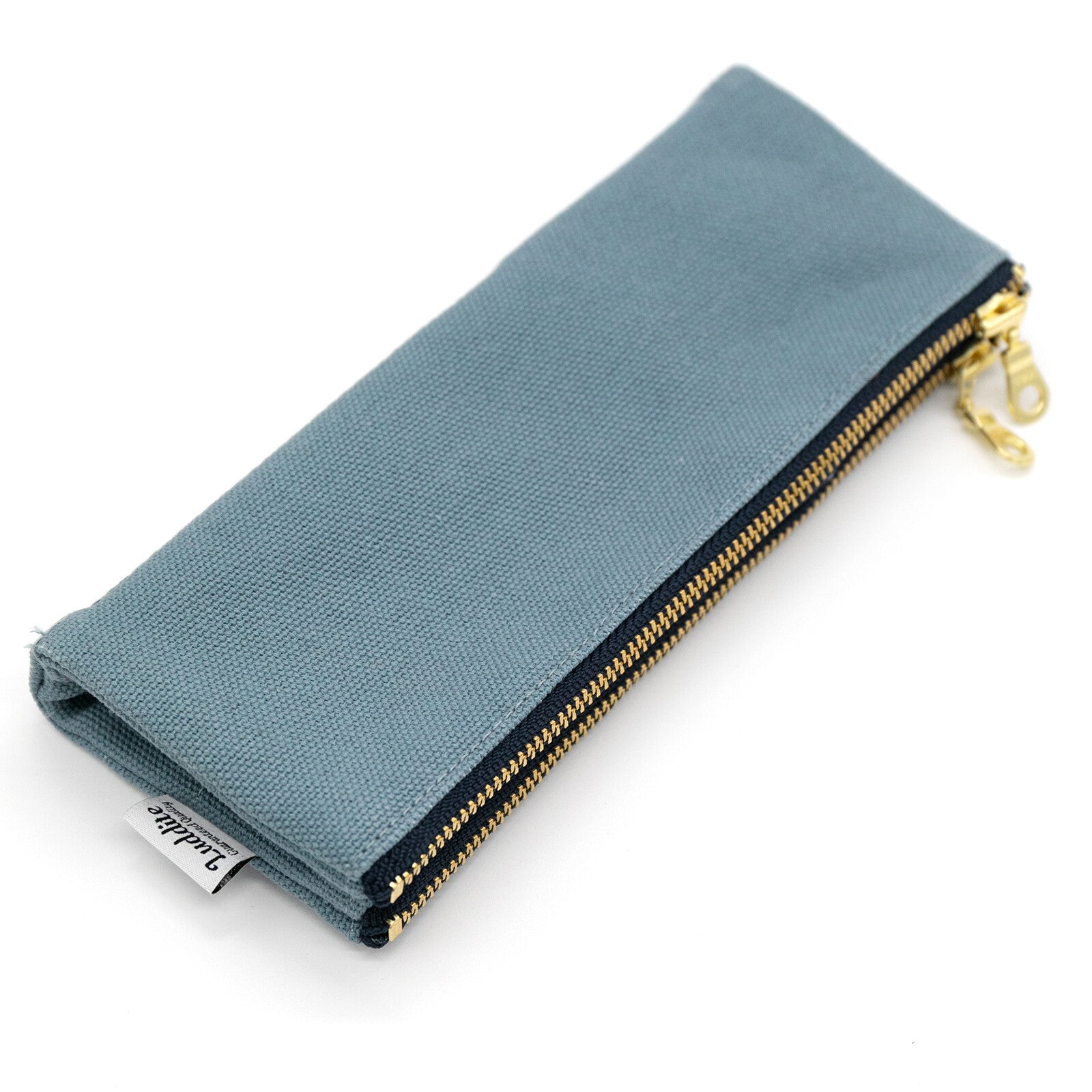 Blue wallet with gold zipper on a white background