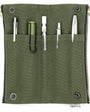 Green fabric pouch with various tools and items on a white background