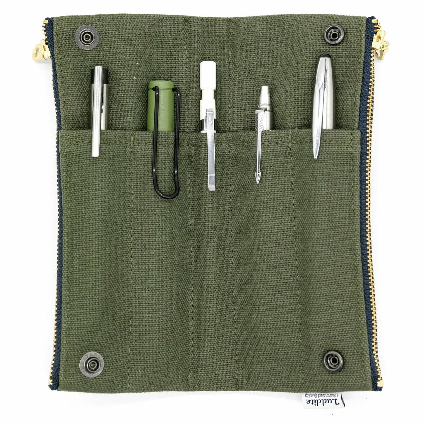 Green fabric pouch with various tools and items on a white background