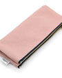 Pink wallet with gold zipper on a white background