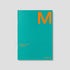 Teal planner with an orange 'M' on a gray background