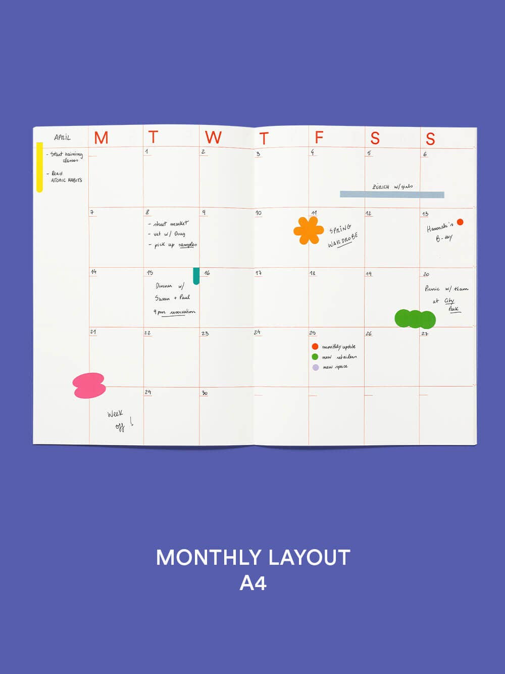 Calendar with monthly layout on a blue background