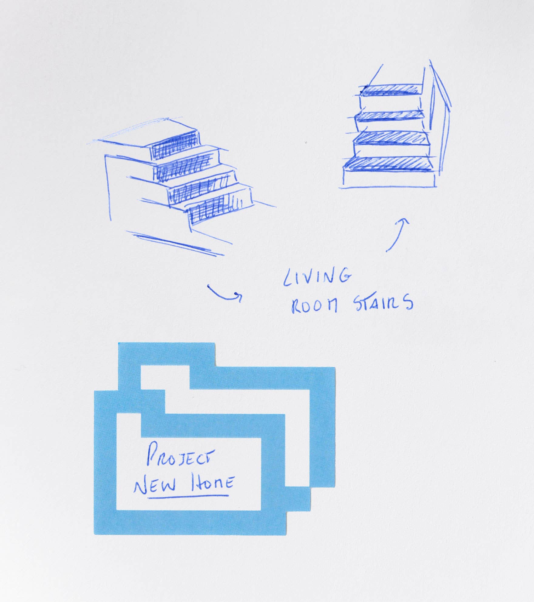 Blue architectural sketches of stairs on a white background with 'Project New Home' text.