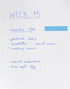 Weekly planner with tasks listed for Week 15 on a dot grid notebook.