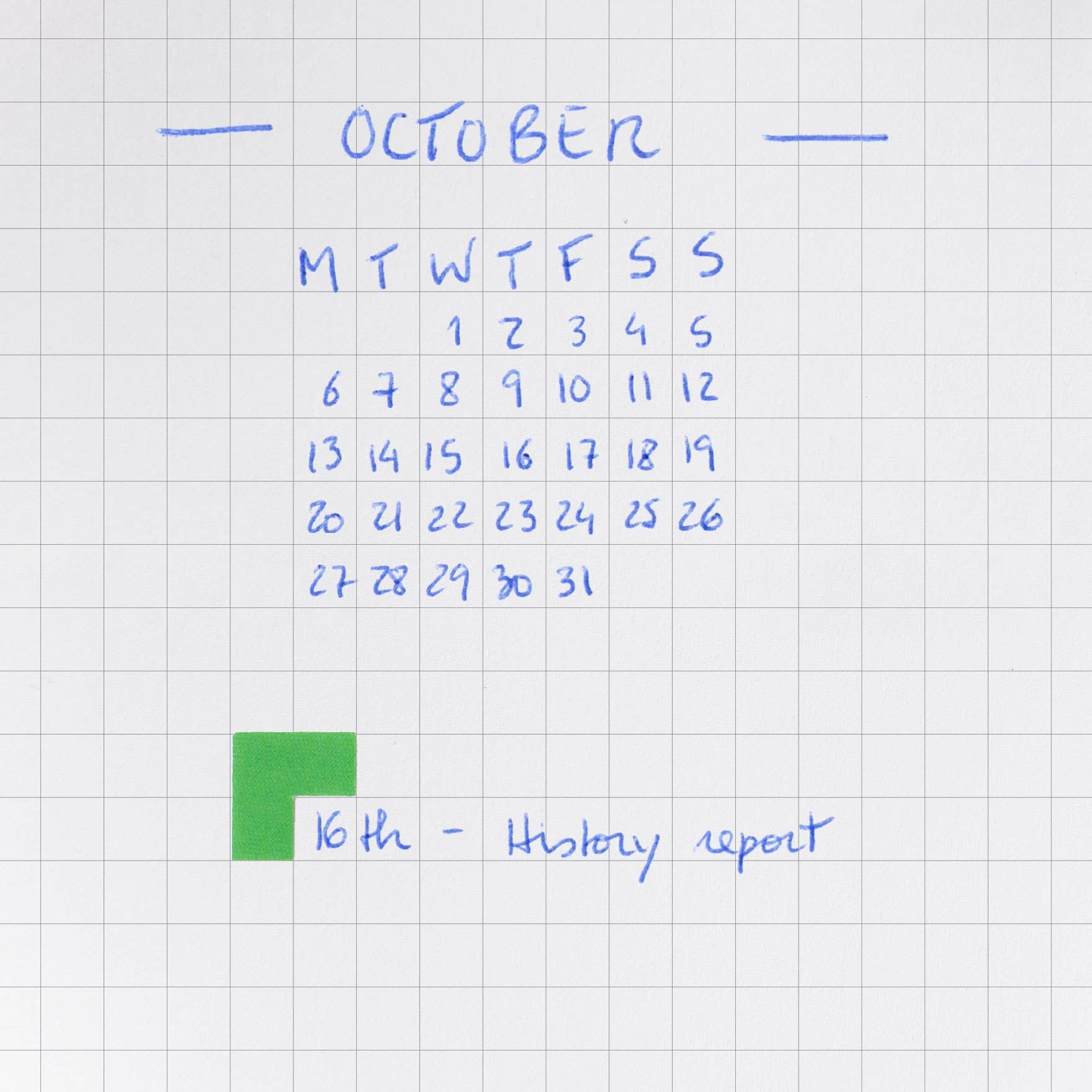 Handwritten October calendar on graph paper with a green square marking the 16th.