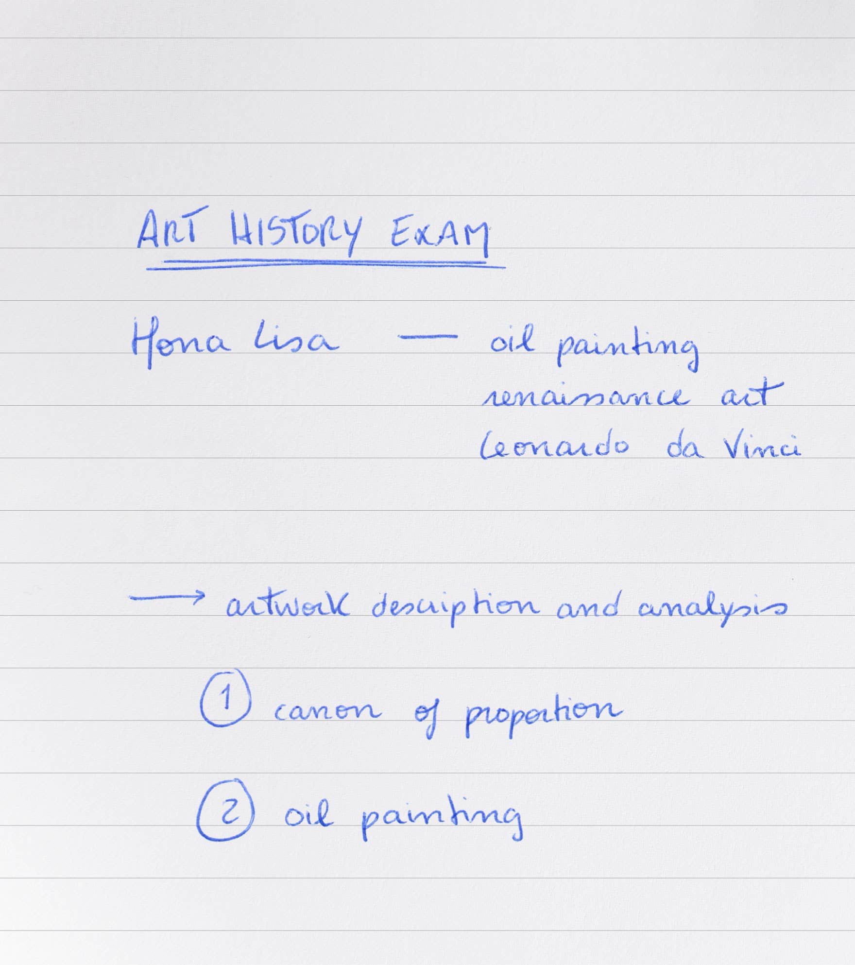 Handwritten notes on a whiteboard about the Mona Lisa by Leonardo da Vinci, including description and analysis points.